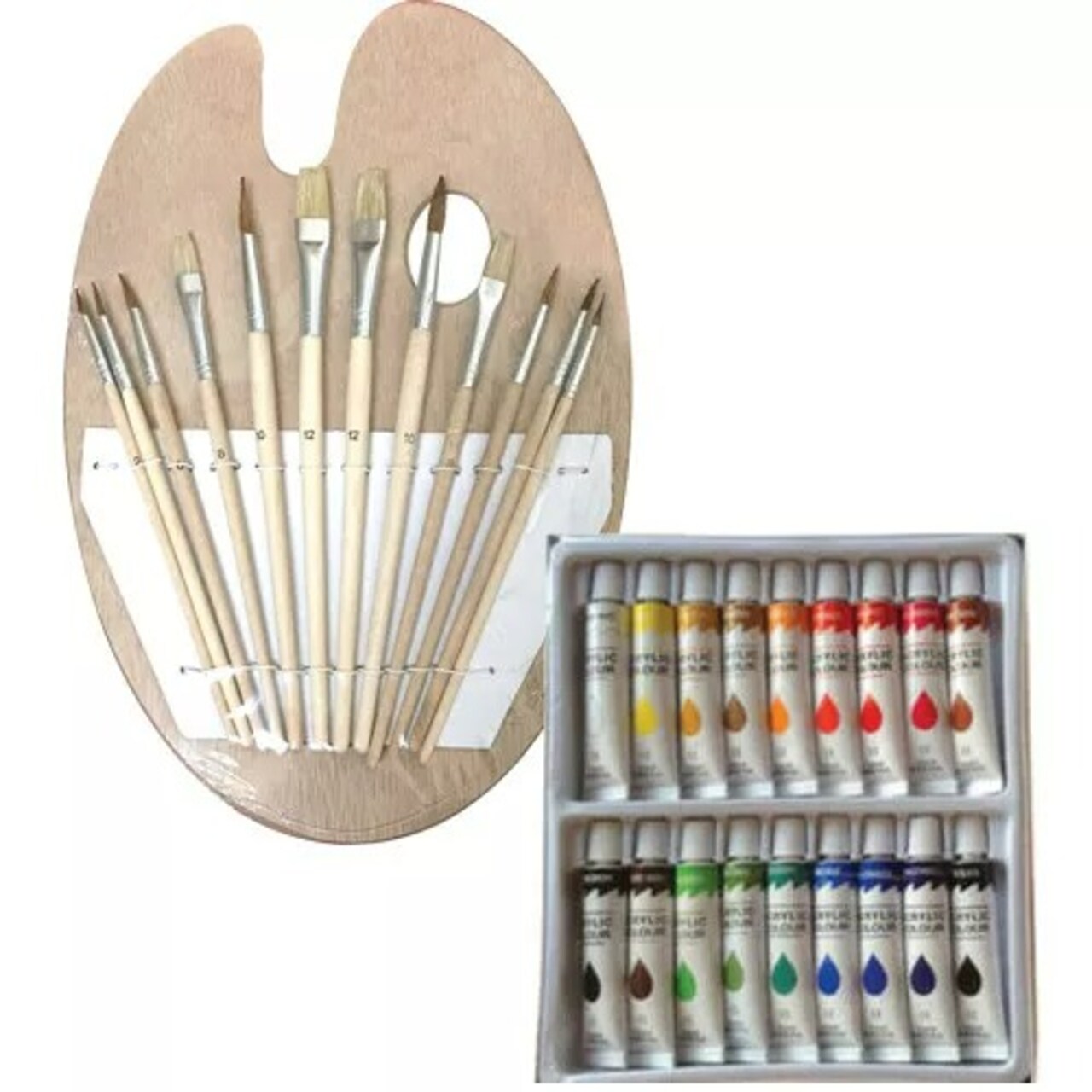 18 ACRYLIC COLOR Painting Paint Set + 12 Brush Set with Wood Palette Artist SET
